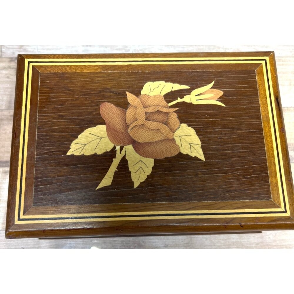 Handcrafted Wooden Inlay Box With Floral Marquetry Design & Gold Velvet Interior